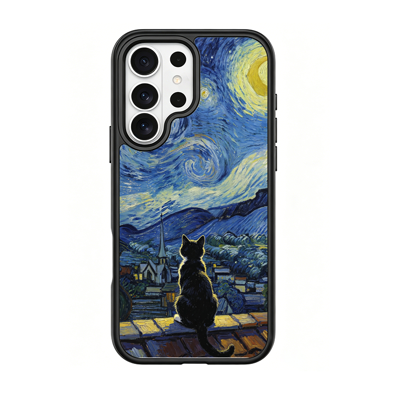 Starry Night Tuxedo Cat Black phone case for Samsung S25 Ultra