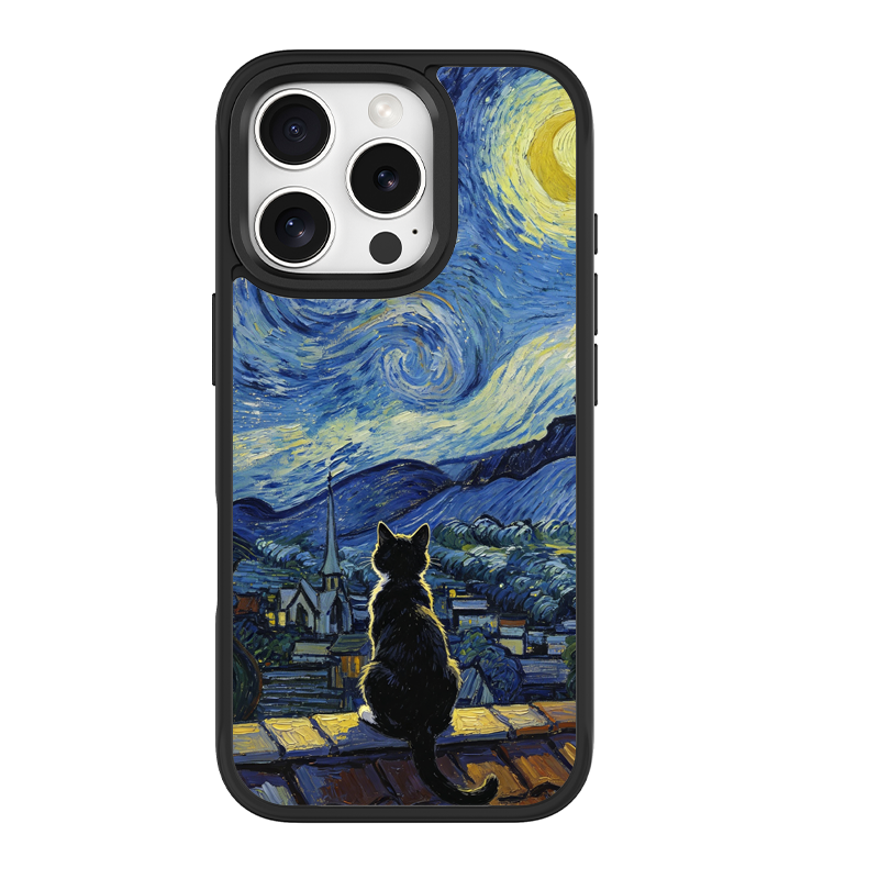 Starry Night Tuxedo Cat Black phone case for iPhone 16 Plus