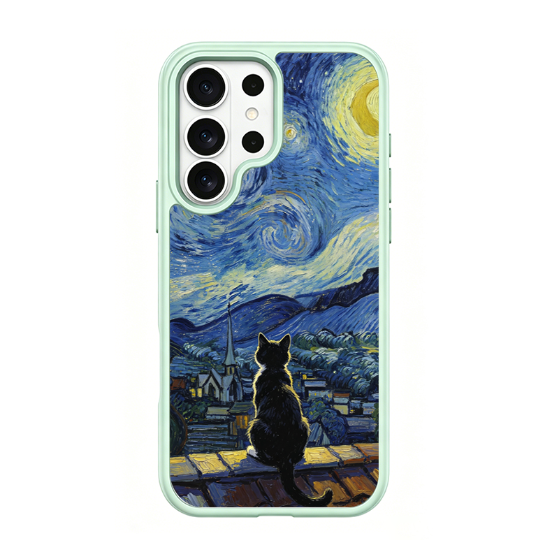 Starry Night Tuxedo Cat Green phone case for Samsung S25 Ultra