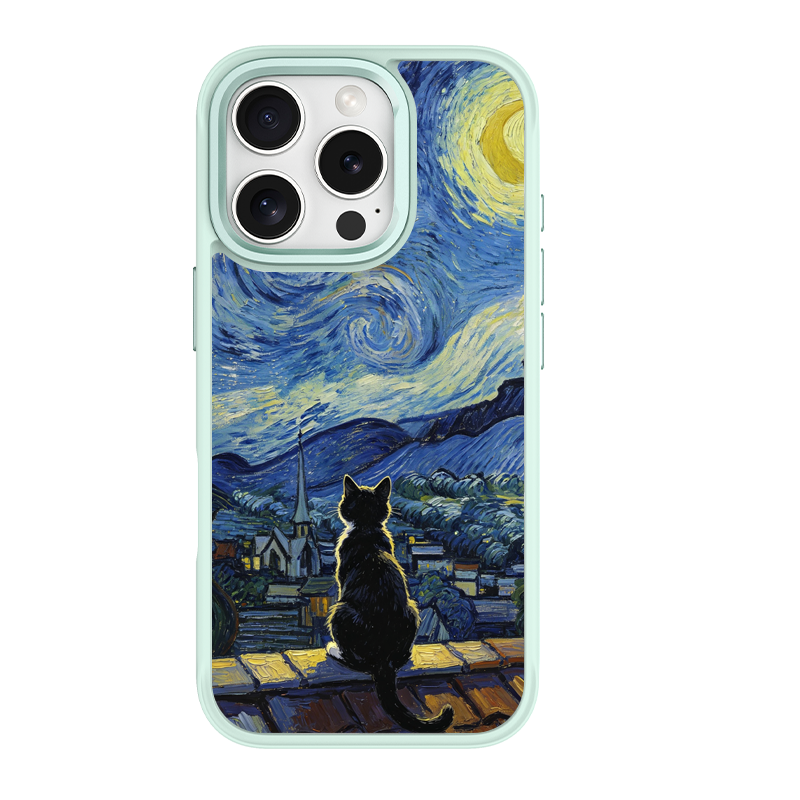 Starry Night Tuxedo Cat Green phone case for iPhone 16