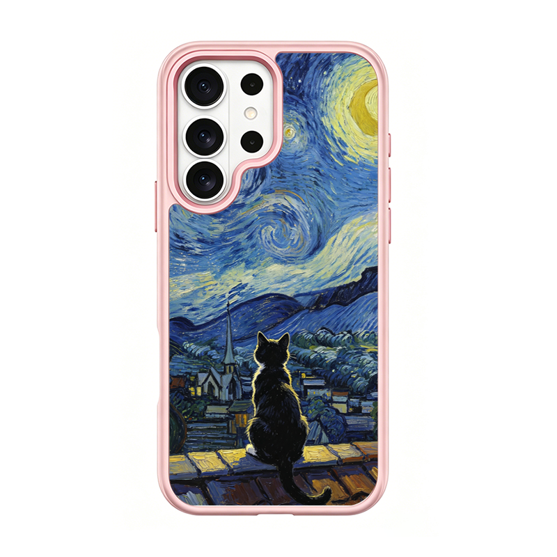 Starry Night Tuxedo Cat Pink phone case for Samsung S25 Ultra
