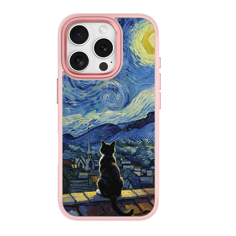 Starry Night Tuxedo Cat Pink phone case for iPhone 16 Plus