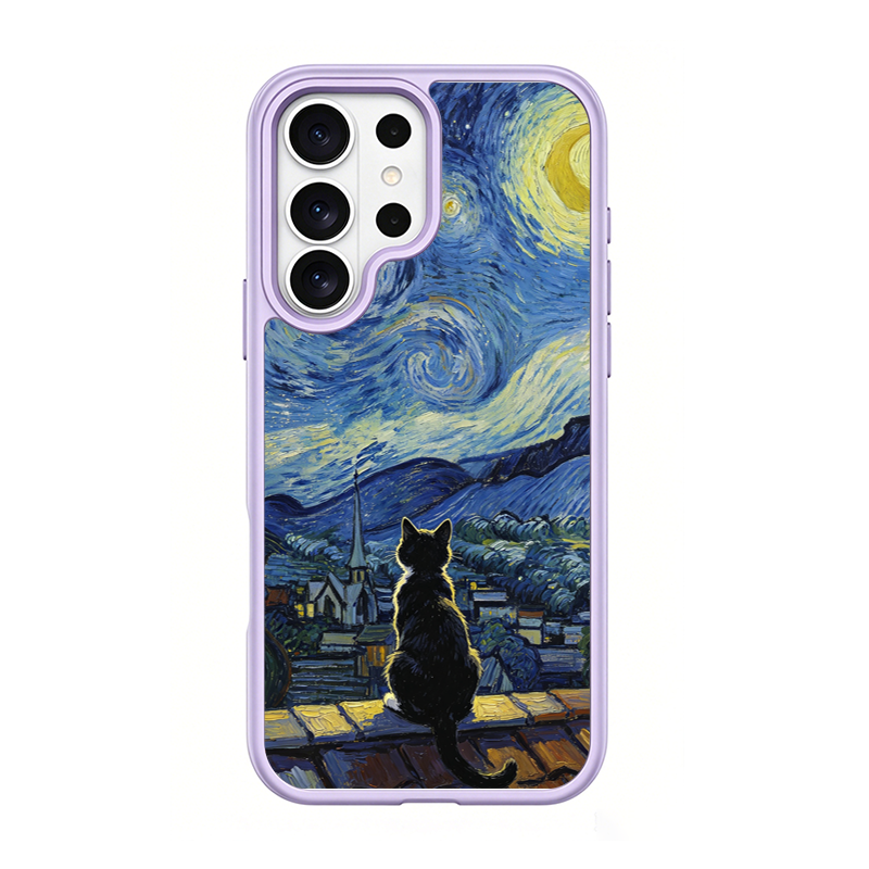 Starry Night Tuxedo Cat Purple phone case for Samsung S26 Ultra