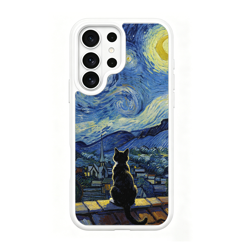 Starry Night Tuxedo Cat White phone case for Samsung S25 Ultra