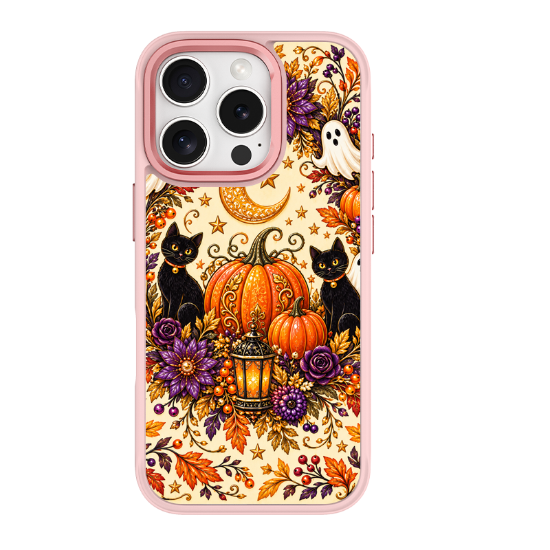 Twin Black Cats Halloween Pink phone case for iPhone 16