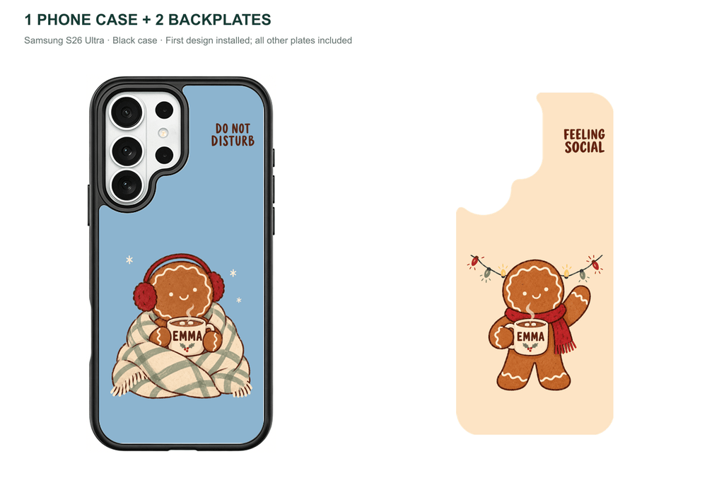 Christmas Social Battery — Personalized 2 Backplates + 1 Phone Case — Samsung S26 Ultra Black case with all 2 backplates