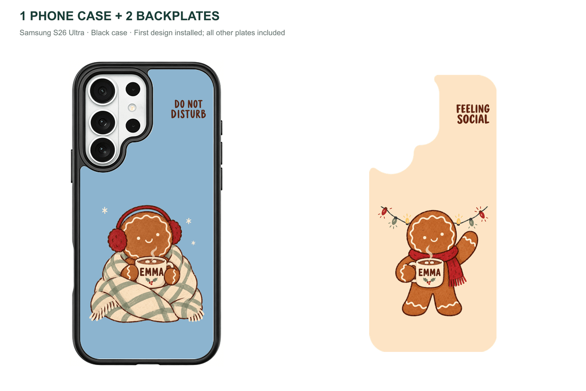 Christmas Social Battery — Personalized 2 Backplates + 1 Phone Case — Samsung S26 Ultra Black case with all 2 backplates