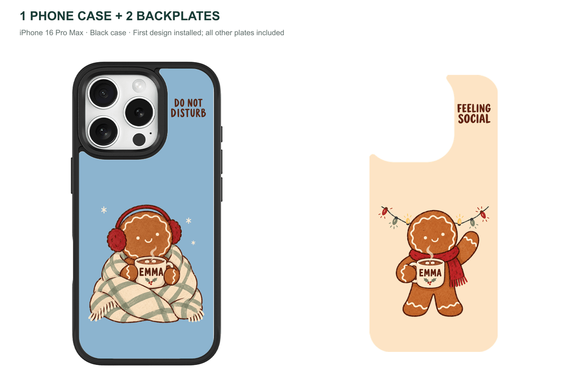 Christmas Social Battery — Personalized 2 Backplates + 1 Phone Case — iPhone 16 Pro Max Black case with all 2 backplates