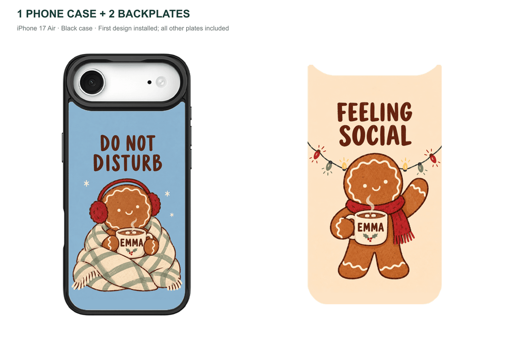 Christmas Social Battery — Personalized 2 Backplates + 1 Phone Case — iPhone 17 Air Black case with all 2 backplates