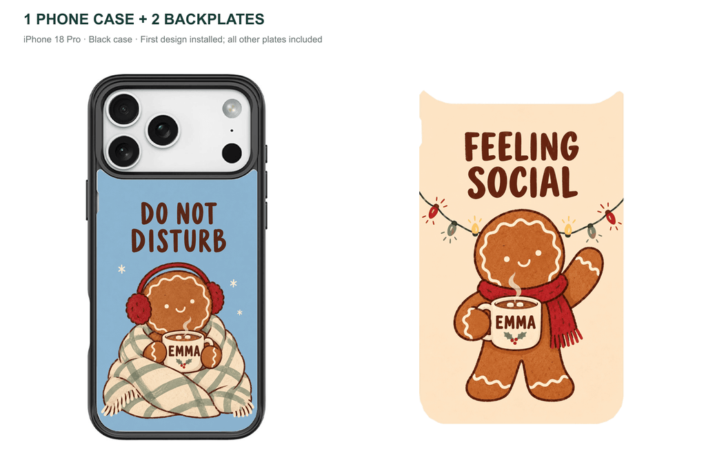 Christmas Social Battery — Personalized 2 Backplates + 1 Phone Case — iPhone 18 Pro Black case with all 2 backplates