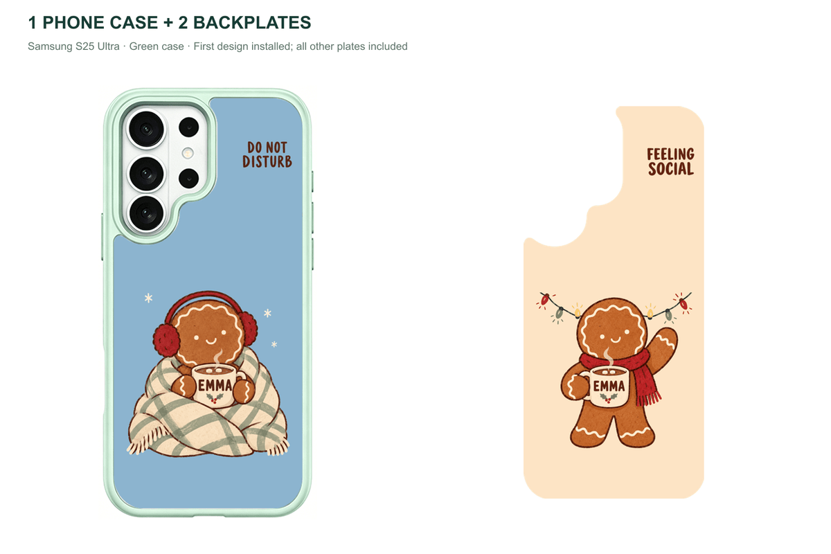 Christmas Social Battery — Personalized 2 Backplates + 1 Phone Case — Samsung S25 Ultra Green case with all 2 backplates
