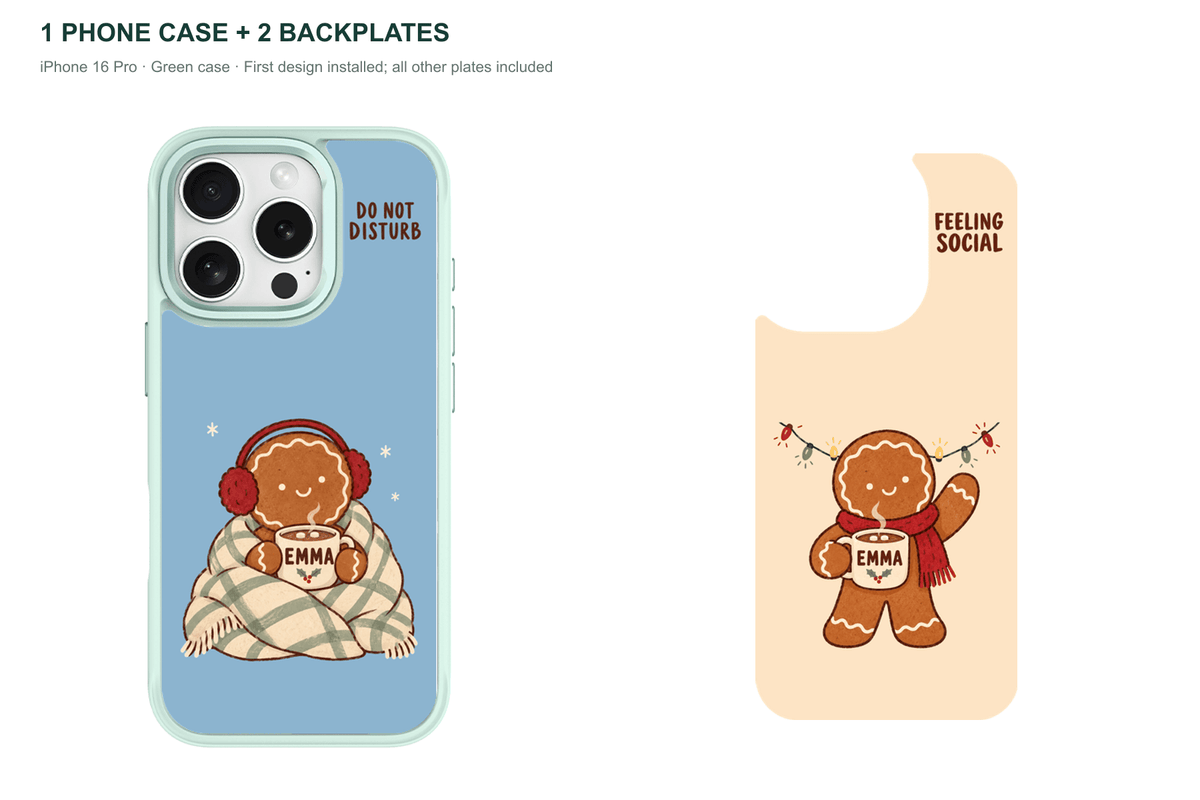 Christmas Social Battery — Personalized 2 Backplates + 1 Phone Case — iPhone 16 Pro Green case with all 2 backplates