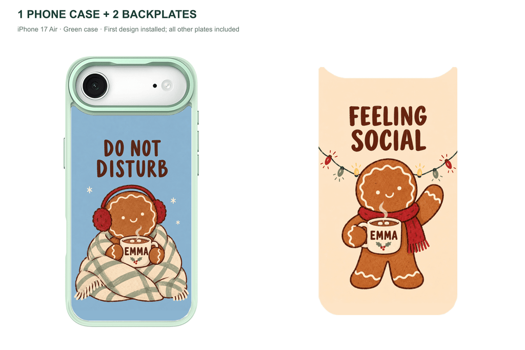 Christmas Social Battery — Personalized 2 Backplates + 1 Phone Case — iPhone 17 Air Green case with all 2 backplates
