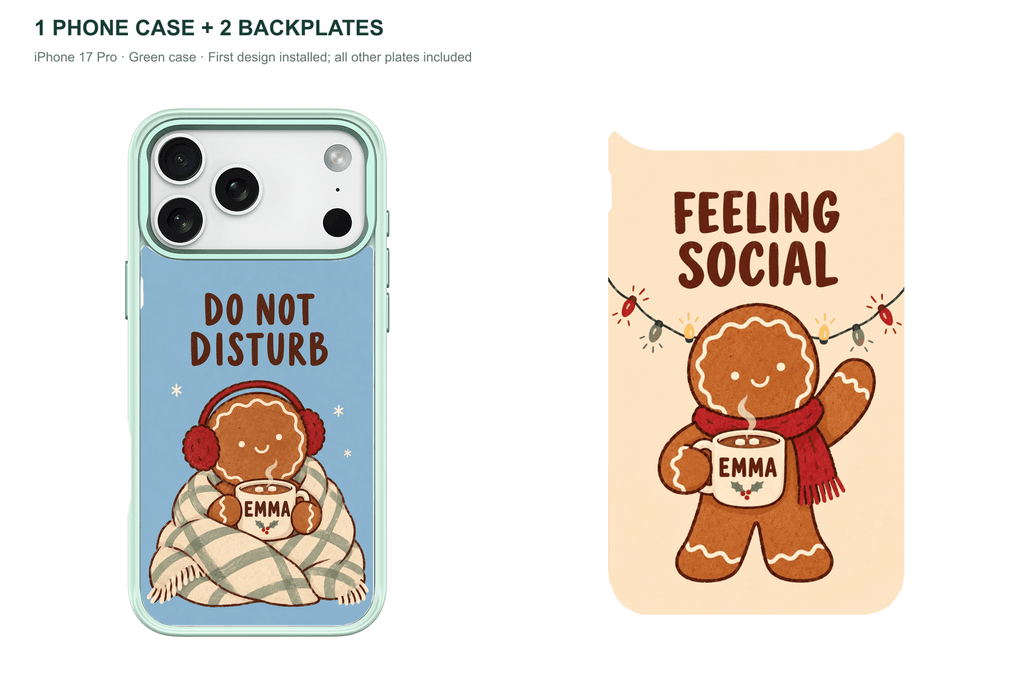 Christmas Social Battery — Personalized 2 Backplates + 1 Phone Case — iPhone 17 Pro Green case with all 2 backplates