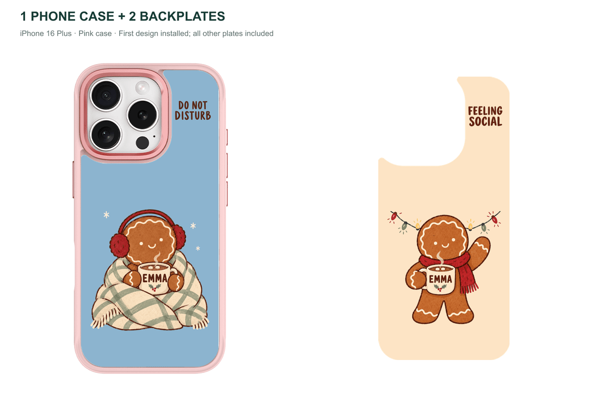 Christmas Social Battery — Personalized 2 Backplates + 1 Phone Case — iPhone 16 Plus Pink case with all 2 backplates