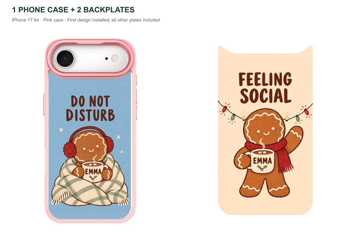 Christmas Social Battery — Personalized 2 Backplates + 1 Phone Case — iPhone 17 Air Pink case with all 2 backplates