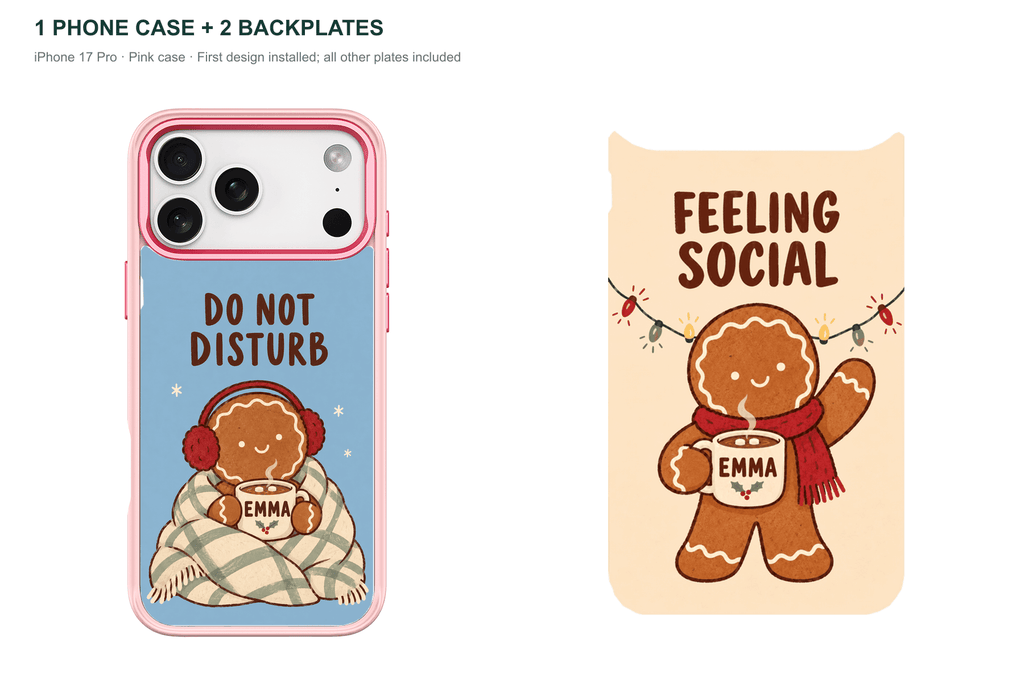 Christmas Social Battery — Personalized 2 Backplates + 1 Phone Case — iPhone 17 Pro Pink case with all 2 backplates