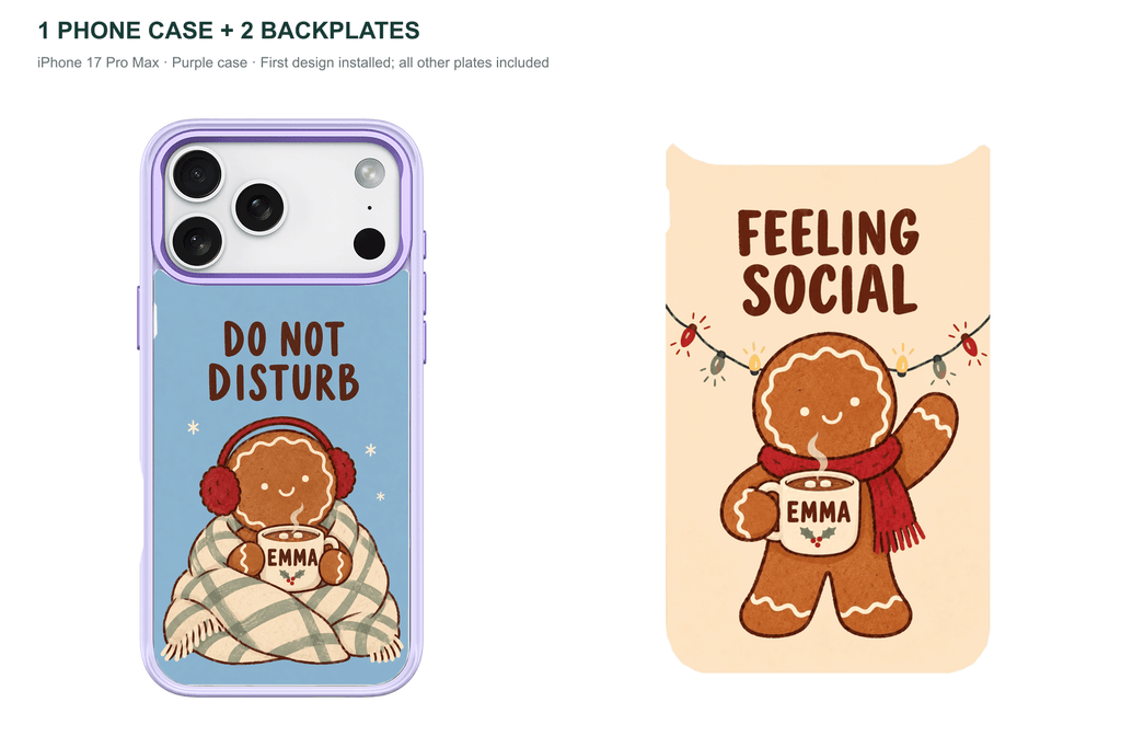 Christmas Social Battery — Personalized 2 Backplates + 1 Phone Case — iPhone 17 Pro Max Purple case with all 2 backplates