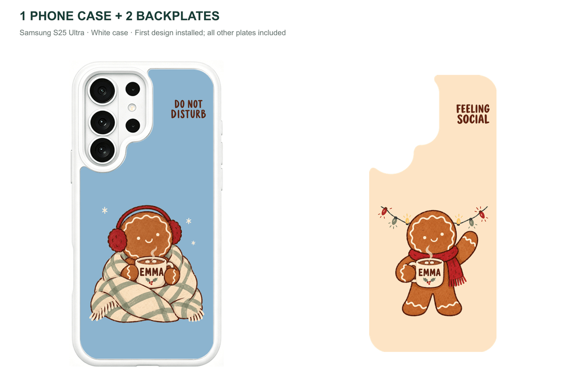 Christmas Social Battery — Personalized 2 Backplates + 1 Phone Case — Samsung S25 Ultra White case with all 2 backplates