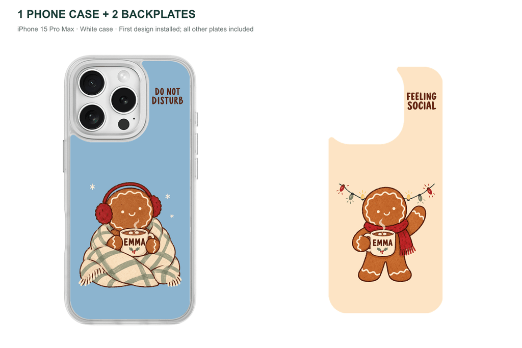 Christmas Social Battery — Personalized 2 Backplates + 1 Phone Case — iPhone 15 Pro Max White case with all 2 backplates