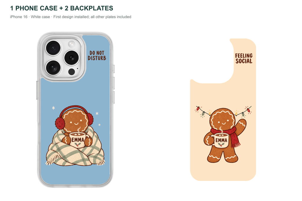 Christmas Social Battery — Personalized 2 Backplates + 1 Phone Case — iPhone 16 White case with all 2 backplates