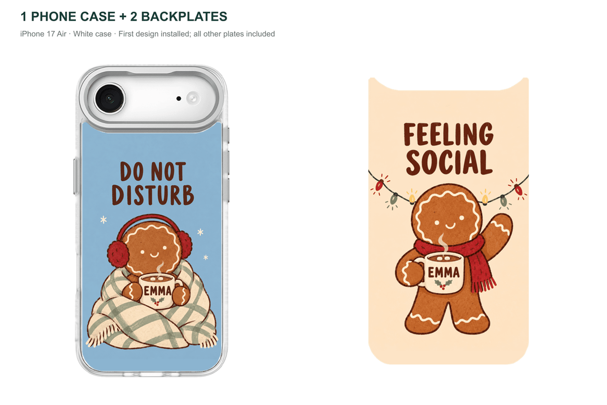Christmas Social Battery — Personalized 2 Backplates + 1 Phone Case — iPhone 17 Air White case with all 2 backplates