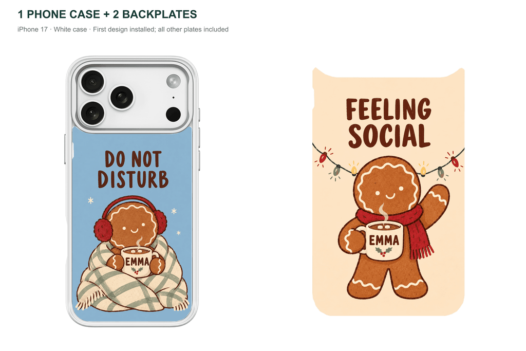 Christmas Social Battery — Personalized 2 Backplates + 1 Phone Case — iPhone 17 White case with all 2 backplates