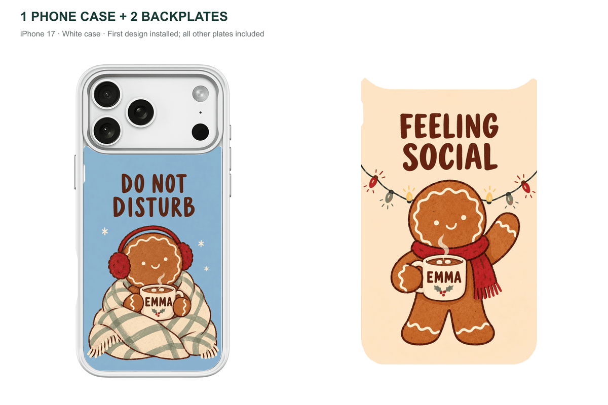 Christmas Social Battery — Personalized 2 Backplates + 1 Phone Case — iPhone 17 White case with all 2 backplates