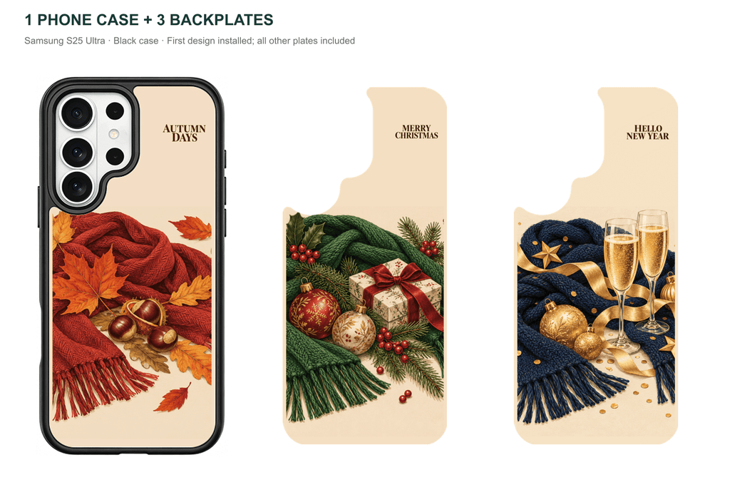 Holiday Season — 3 Backplates + 1 Phone Case — Samsung S25 Ultra Black case with all 3 backplates