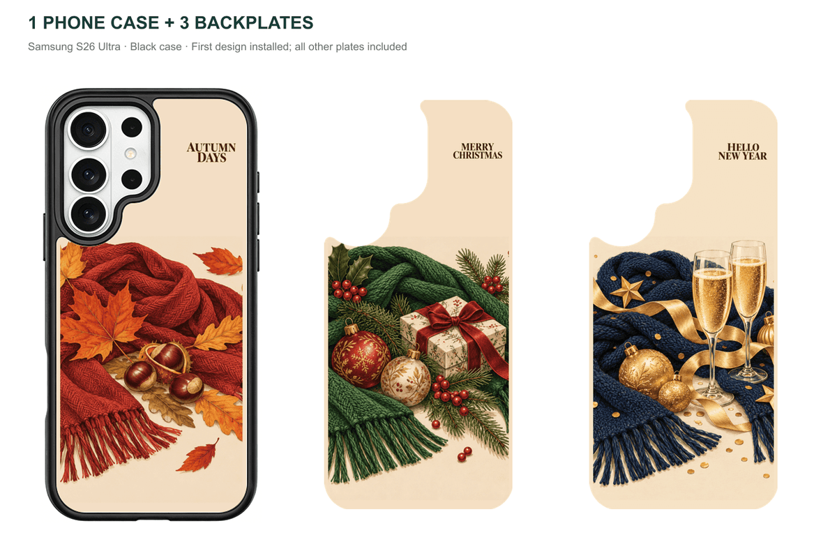 Holiday Season — 3 Backplates + 1 Phone Case — Samsung S26 Ultra Black case with all 3 backplates