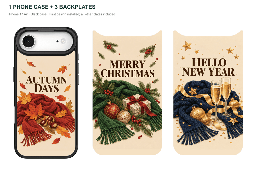 Holiday Season — 3 Backplates + 1 Phone Case — iPhone 17 Air Black case with all 3 backplates