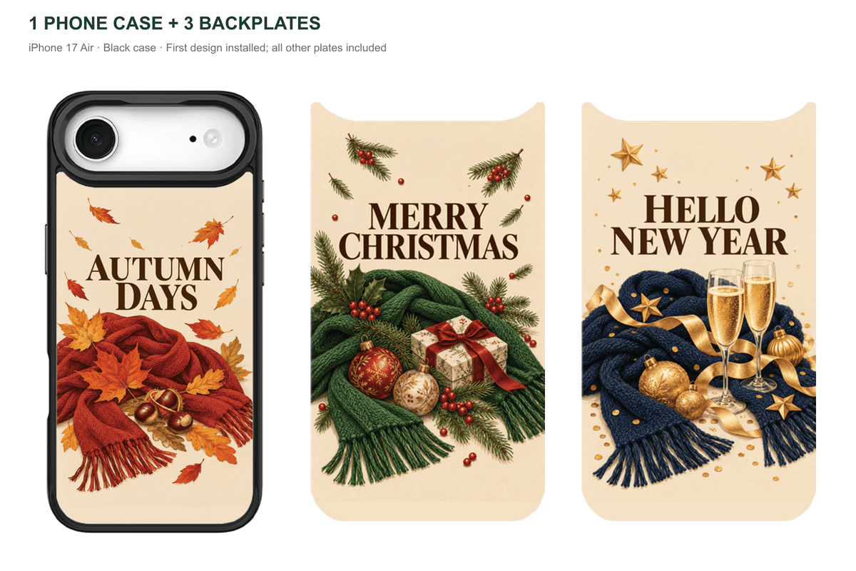 Holiday Season — 3 Backplates + 1 Phone Case — iPhone 17 Air Black case with all 3 backplates