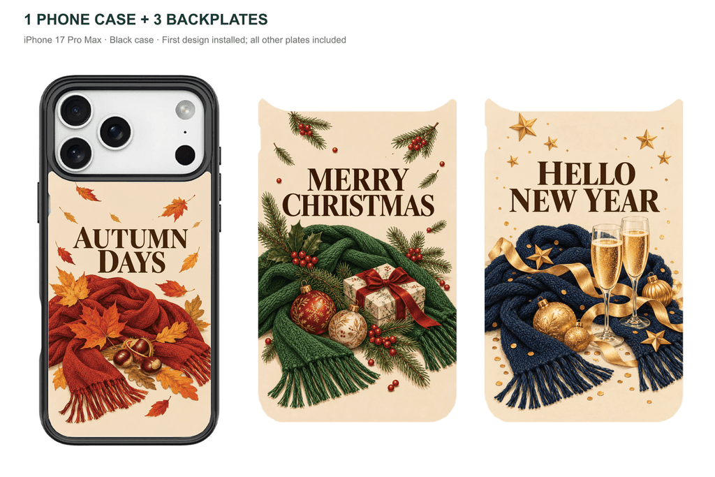 Holiday Season — 3 Backplates + 1 Phone Case — iPhone 17 Pro Max Black case with all 3 backplates