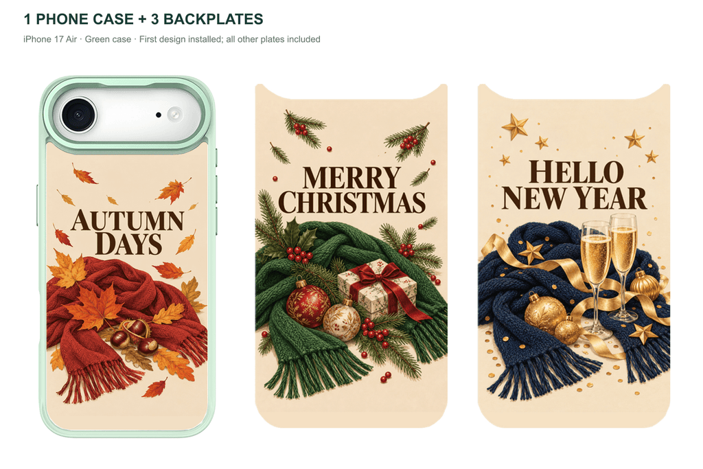 Holiday Season — 3 Backplates + 1 Phone Case — iPhone 17 Air Green case with all 3 backplates