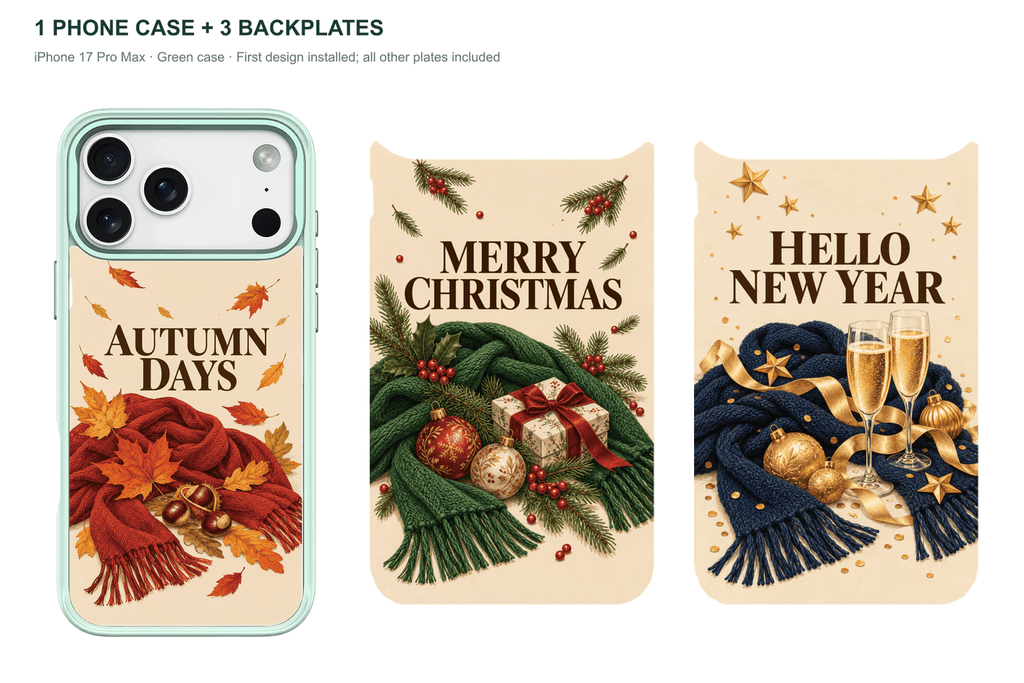 Holiday Season — 3 Backplates + 1 Phone Case — iPhone 17 Pro Max Green case with all 3 backplates