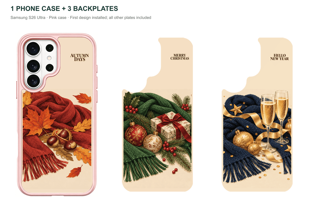 Holiday Season — 3 Backplates + 1 Phone Case — Samsung S26 Ultra Pink case with all 3 backplates