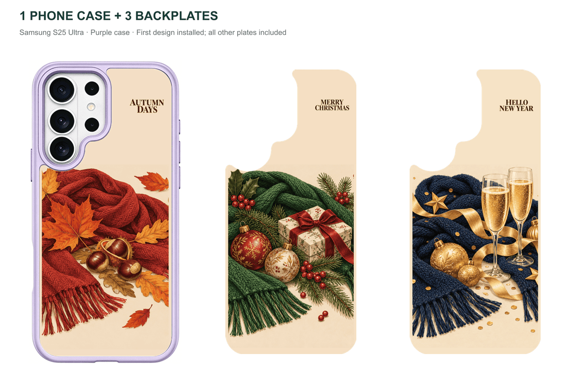 Holiday Season — 3 Backplates + 1 Phone Case — Samsung S25 Ultra Purple case with all 3 backplates