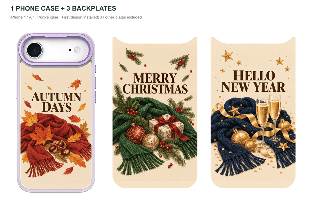 Holiday Season — 3 Backplates + 1 Phone Case — iPhone 17 Air Purple case with all 3 backplates