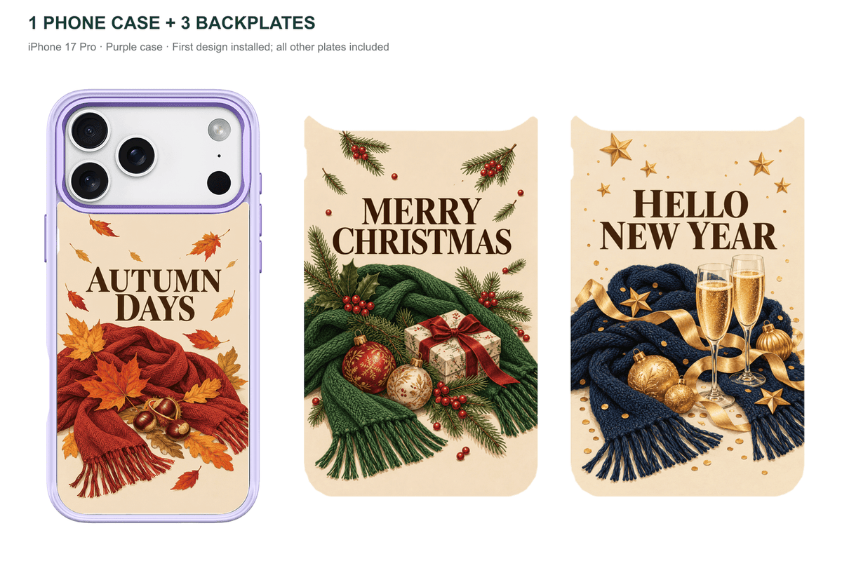 Holiday Season — 3 Backplates + 1 Phone Case — iPhone 17 Pro Purple case with all 3 backplates