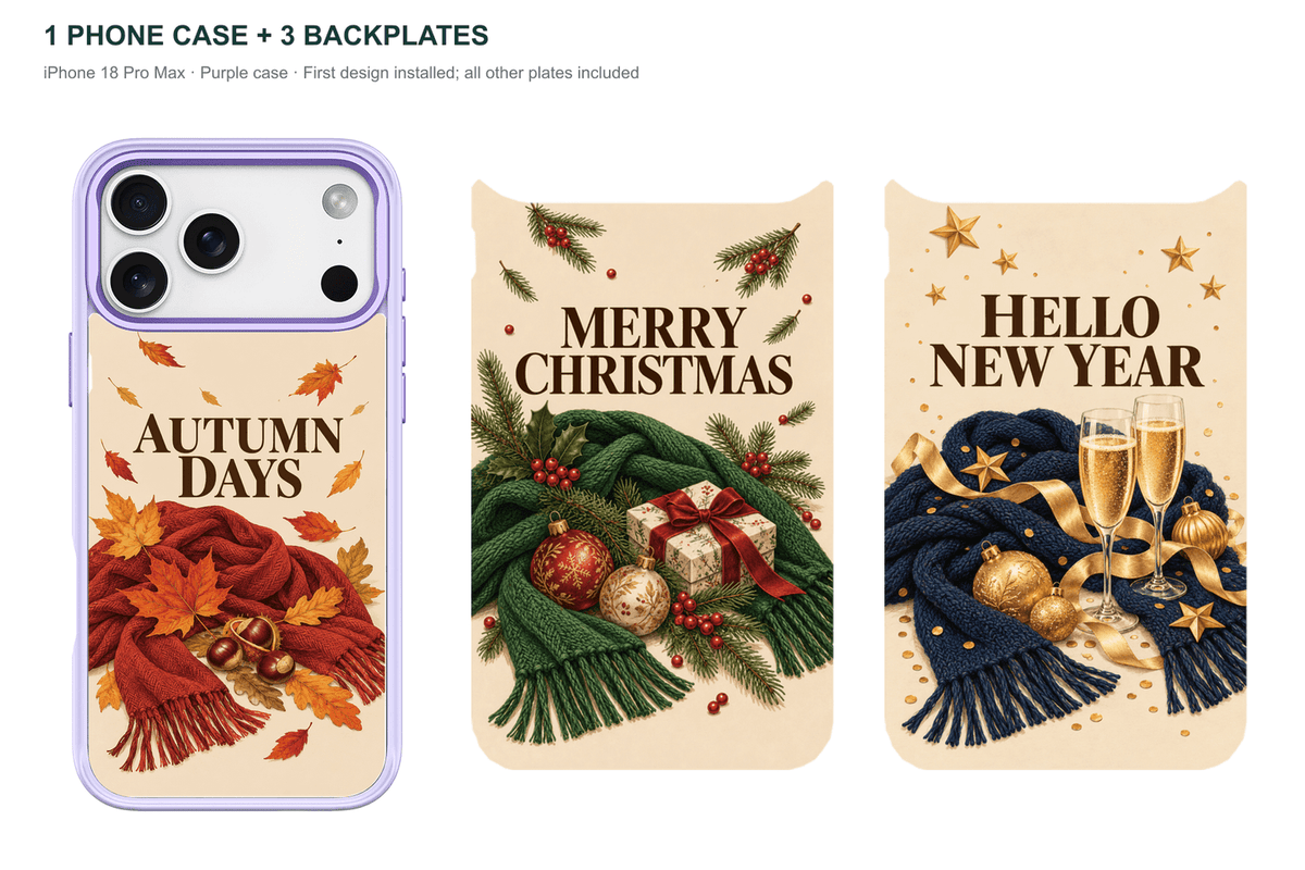Holiday Season — 3 Backplates + 1 Phone Case — iPhone 18 Pro Max Purple case with all 3 backplates