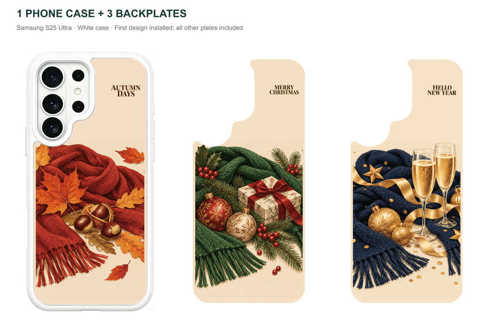 Holiday Season — 3 Backplates + 1 Phone Case — Samsung S25 Ultra White case with all 3 backplates