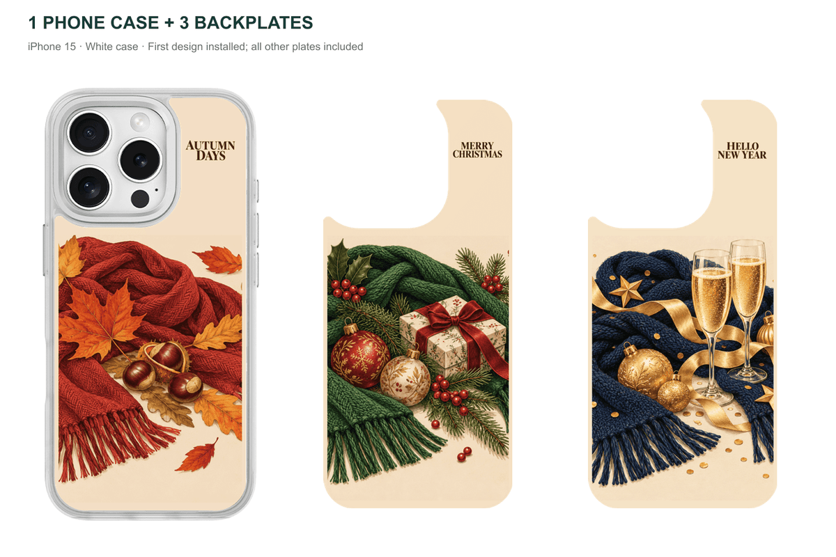 Holiday Season — 3 Backplates + 1 Phone Case — iPhone 15 White case with all 3 backplates