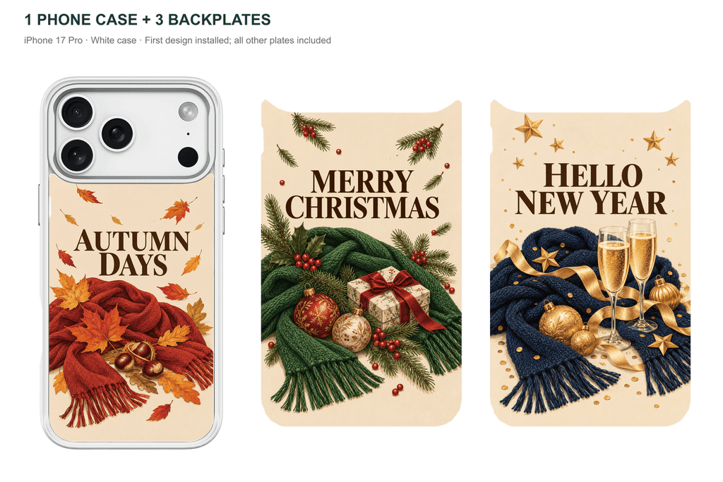 Holiday Season — 3 Backplates + 1 Phone Case — iPhone 17 Pro White case with all 3 backplates