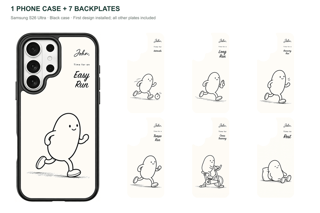 Running Days Personalized — 7 Backplates + 1 Phone Case — Samsung S26 Ultra Black case with all 7 backplates