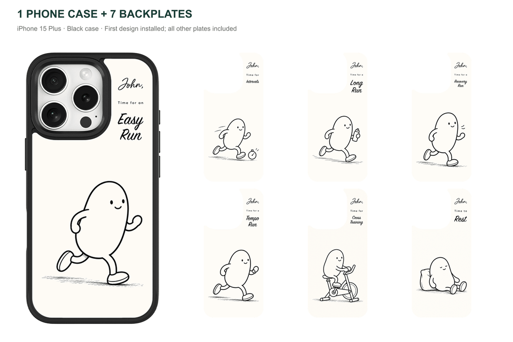 Running Days Personalized — 7 Backplates + 1 Phone Case — iPhone 15 Plus Black case with all 7 backplates