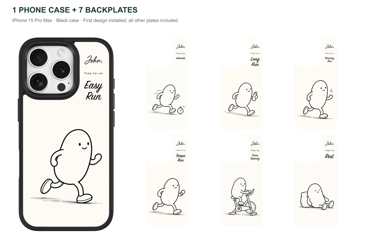 Running Days Personalized — 7 Backplates + 1 Phone Case — iPhone 15 Pro Max Black case with all 7 backplates