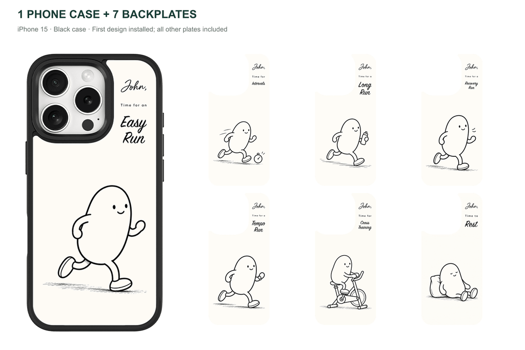 Running Days Personalized — 7 Backplates + 1 Phone Case — iPhone 15 Black case with all 7 backplates