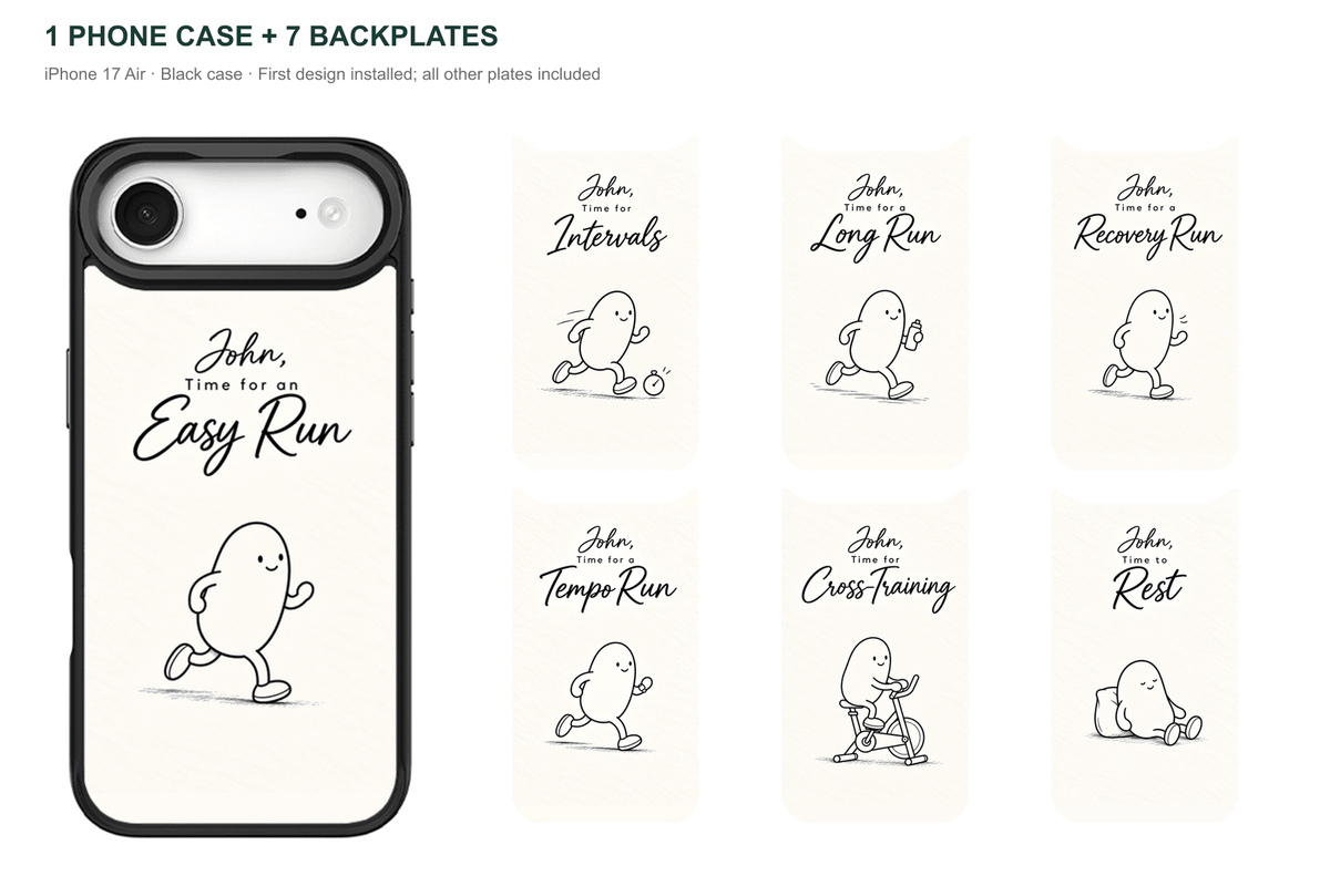 Running Days Personalized — 7 Backplates + 1 Phone Case — iPhone 17 Air Black case with all 7 backplates