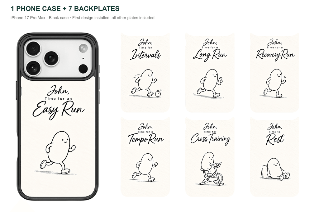 Running Days Personalized — 7 Backplates + 1 Phone Case — iPhone 17 Pro Max Black case with all 7 backplates
