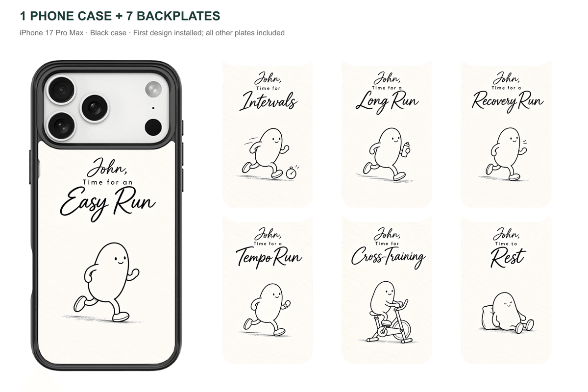 Running Days Personalized — 7 Backplates + 1 Phone Case — iPhone 17 Pro Max Black case with all 7 backplates